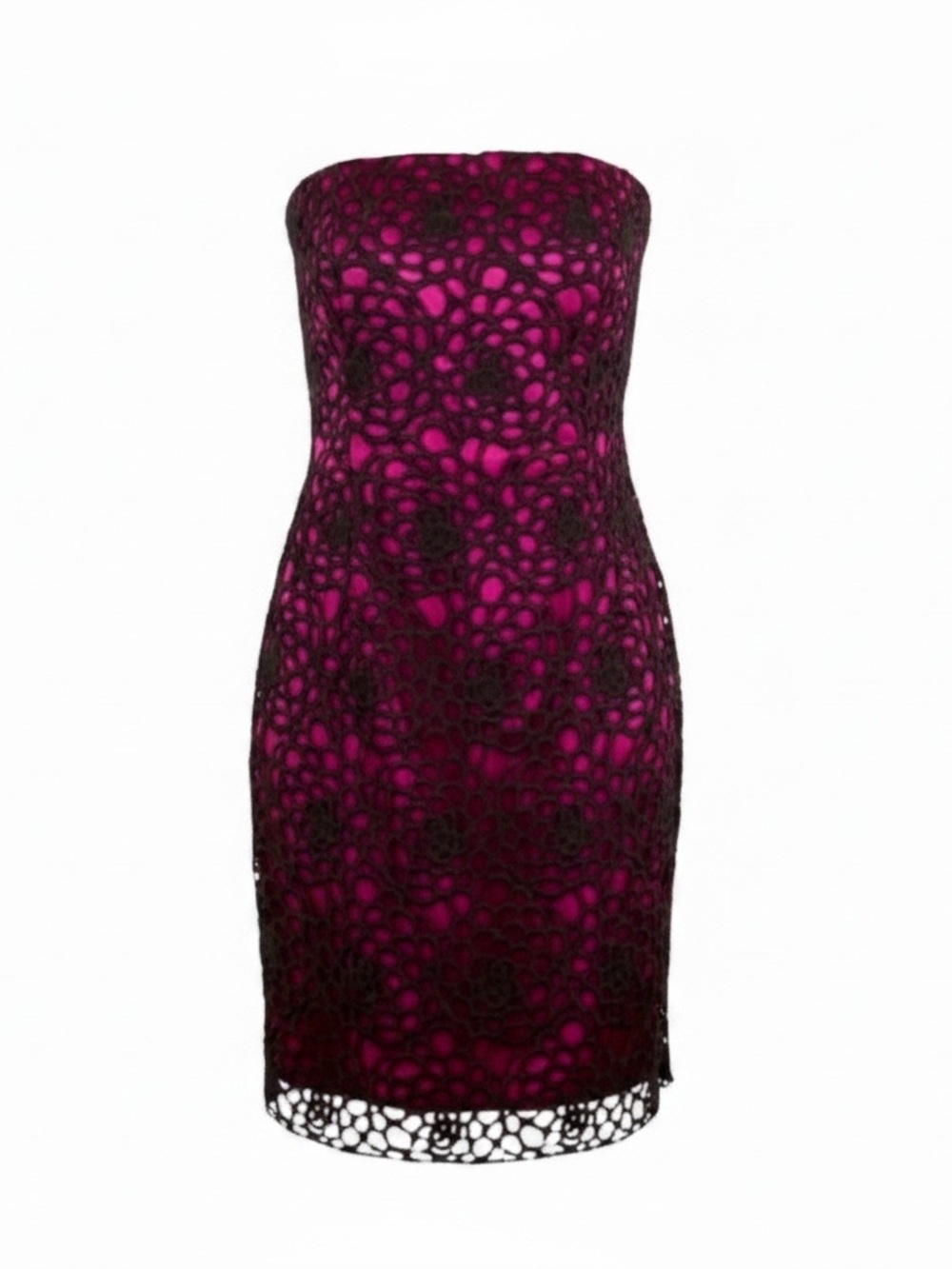 Adrianna Papell 6 pink satin‎ black lace overlay strapless zipper cocktail dress